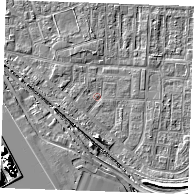 Shaded relief map of the ground around RM187PB, computed from Environment Agency LiDAR. The ground here sits at about 1 m above sea level and falls 24 m across the surrounding 800 m. Surface water reaching this point runs off ground lying to the south-east, 5.5 m higher.