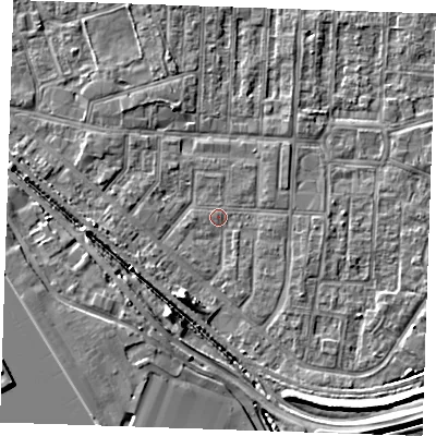 Shaded relief map of the ground around RM187PD, computed from Environment Agency LiDAR. The ground here sits at about 1 m above sea level and falls 6 m across the surrounding 800 m. Surface water reaching this point runs off ground lying to the south-south-west, 4.0 m higher.