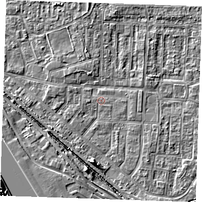 Shaded relief map of the ground around RM187PH, computed from Environment Agency LiDAR. The ground here sits at about 1 m above sea level and falls 15 m across the surrounding 800 m. Surface water reaching this point runs off ground lying to the south, 4.1 m higher.