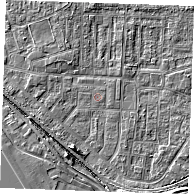 Shaded relief map of the ground around RM187PJ, computed from Environment Agency LiDAR. The ground here sits at about 1 m above sea level and falls 6 m across the surrounding 800 m. Surface water reaching this point runs off ground lying to the south-west, 5.3 m higher.
