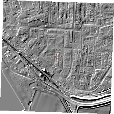 Shaded relief map of the ground around RM187PL, computed from Environment Agency LiDAR. The ground here sits at about 1 m above sea level and falls 6 m across the surrounding 800 m. Surface water reaching this point runs off ground lying to the south-west, 4.0 m higher.