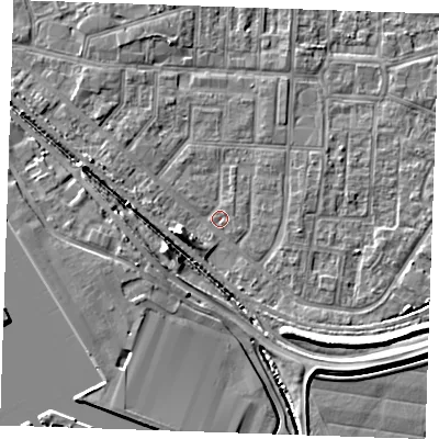 Shaded relief map of the ground around RM187PP, computed from Environment Agency LiDAR. The ground here sits at about 1 m above sea level and falls 6 m across the surrounding 800 m. Surface water reaching this point runs off ground lying to the west-south-west, 4.0 m higher.