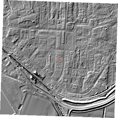 Shaded relief map of the ground around RM187PS, computed from Environment Agency LiDAR. The ground here sits at about 1 m above sea level and falls 6 m across the surrounding 800 m. The ground contributing surface water to this point lies to the north.