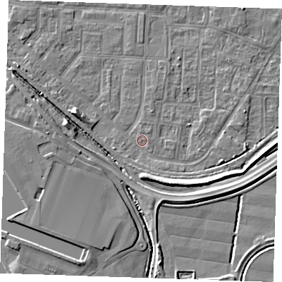 Shaded relief map of the ground around RM187PT, computed from Environment Agency LiDAR. The ground here sits at about 1 m above sea level and falls 6 m across the surrounding 800 m. Surface water reaching this point runs off ground lying to the south, 3.4 m higher.