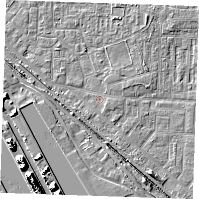 Shaded relief map of the ground around RM187QA, computed from Environment Agency LiDAR. The ground here sits at about 1 m above sea level and falls 19 m across the surrounding 800 m. Surface water reaching this point runs off ground lying to the east-north-east, 0.8 m higher.