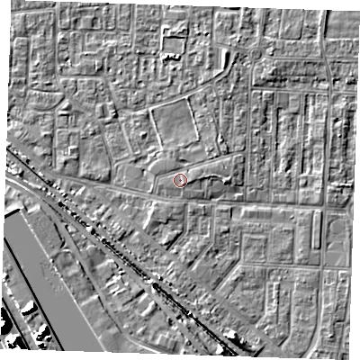 Shaded relief map of the ground around RM187QB, computed from Environment Agency LiDAR. The ground here sits at about 2 m above sea level and falls 19 m across the surrounding 800 m. Surface water reaching this point runs off ground lying to the south-east, 0.7 m higher.
