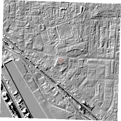 Shaded relief map of the ground around RM187QH, computed from Environment Agency LiDAR. The ground here sits at about 2 m above sea level and falls 22 m across the surrounding 800 m. The ground contributing surface water to this point lies to the west-south-west.