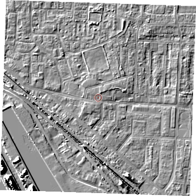 Shaded relief map of the ground around RM187QJ, computed from Environment Agency LiDAR. The ground here sits at about 1 m above sea level and falls 19 m across the surrounding 800 m. The ground contributing surface water to this point lies to the north-north-east.