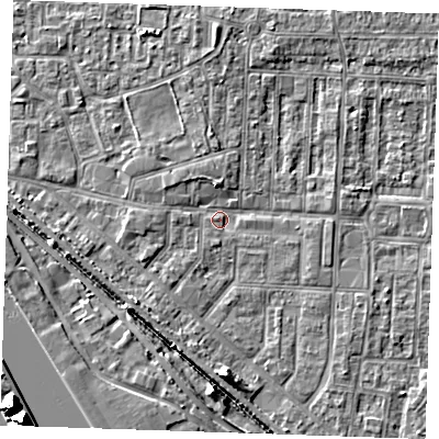 Shaded relief map of the ground around RM187QS, computed from Environment Agency LiDAR. The ground here sits at about 1 m above sea level and falls 16 m across the surrounding 800 m. Surface water reaching this point runs off ground lying to the south, 4.2 m higher.
