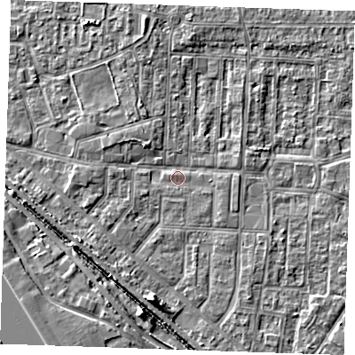 Shaded relief map of the ground around RM187QT, computed from Environment Agency LiDAR. The ground here sits at about 1 m above sea level and falls 6 m across the surrounding 800 m. Surface water reaching this point runs off ground lying to the south, 4.1 m higher.