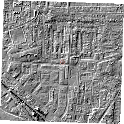Shaded relief map of the ground around RM187QU, computed from Environment Agency LiDAR. The ground here sits at about 1 m above sea level and falls 5 m across the surrounding 800 m. Surface water reaching this point runs off ground lying to the south-south-east, 0.8 m higher.