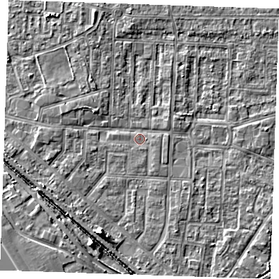 Shaded relief map of the ground around RM187QW, computed from Environment Agency LiDAR. The ground here sits at about 1 m above sea level and falls 6 m across the surrounding 800 m. Surface water reaching this point runs off ground lying to the south-east, 1.0 m higher.