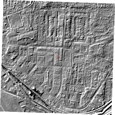 Shaded relief map of the ground around RM187QX, computed from Environment Agency LiDAR. The ground here sits at about 1 m above sea level and falls 6 m across the surrounding 800 m. The ground contributing surface water to this point lies to the east-south-east.
