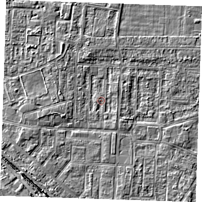 Shaded relief map of the ground around RM187RA, computed from Environment Agency LiDAR. The ground here sits at about 1 m above sea level and falls 5 m across the surrounding 800 m. Surface water reaching this point runs off ground lying to the south-south-east, 1.2 m higher.