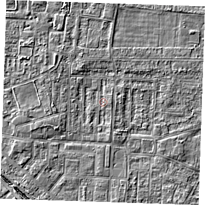 Shaded relief map of the ground around RM187RB, computed from Environment Agency LiDAR. The ground here sits at about 0 m above sea level and falls 5 m across the surrounding 800 m. Surface water reaching this point runs off ground lying to the west-south-west, 2.5 m higher.