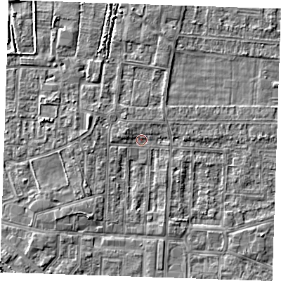 Shaded relief map of the ground around RM187RD, computed from Environment Agency LiDAR. The ground here sits at about 0 m above sea level and falls 3 m across the surrounding 800 m. Surface water reaching this point runs off ground lying to the south-west, 1.7 m higher.