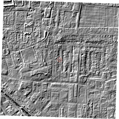 Shaded relief map of the ground around RM187RH, computed from Environment Agency LiDAR. The ground here sits at about 1 m above sea level and falls 5 m across the surrounding 800 m. Surface water reaching this point runs off ground lying to the south-west, 2.6 m higher.