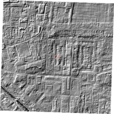 Shaded relief map of the ground around RM187RJ, computed from Environment Agency LiDAR. The ground here sits at about 0 m above sea level and falls 5 m across the surrounding 800 m. Surface water reaching this point runs off ground lying to the west-south-west, 2.5 m higher.