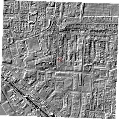 Shaded relief map of the ground around RM187RL, computed from Environment Agency LiDAR. The ground here sits at about 1 m above sea level and falls 5 m across the surrounding 800 m. Surface water reaching this point runs off ground lying to the west-south-west, 2.2 m higher.