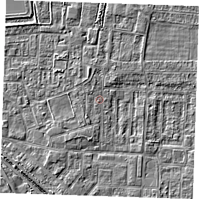Shaded relief map of the ground around RM187RP, computed from Environment Agency LiDAR. The ground here sits at about 1 m above sea level and falls 5 m across the surrounding 800 m. Surface water reaching this point runs off ground lying to the south-west, 1.0 m higher.