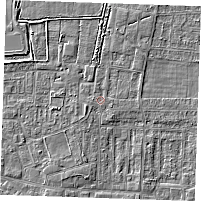 Shaded relief map of the ground around RM187RS, computed from Environment Agency LiDAR. The ground here sits at about 1 m above sea level and falls 3 m across the surrounding 800 m. Surface water reaching this point runs off ground lying to the south-west, 1.0 m higher.