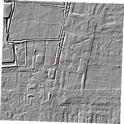 Shaded relief map of the ground around RM187RT, computed from Environment Agency LiDAR. The ground here sits at about 1 m above sea level and falls 4 m across the surrounding 800 m. Surface water reaching this point runs off ground lying to the north, 2.4 m higher.
