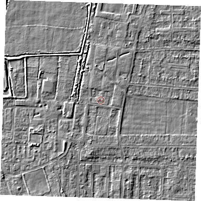 Shaded relief map of the ground around RM187RU, computed from Environment Agency LiDAR. The ground here sits at about 1 m above sea level and falls 3 m across the surrounding 800 m. Surface water reaching this point runs off ground lying to the north, 1.3 m higher.