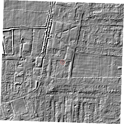 Shaded relief map of the ground around RM187RX, computed from Environment Agency LiDAR. The ground here sits at about 1 m above sea level and falls 3 m across the surrounding 800 m. Surface water reaching this point runs off ground lying to the south-west, 1.1 m higher.
