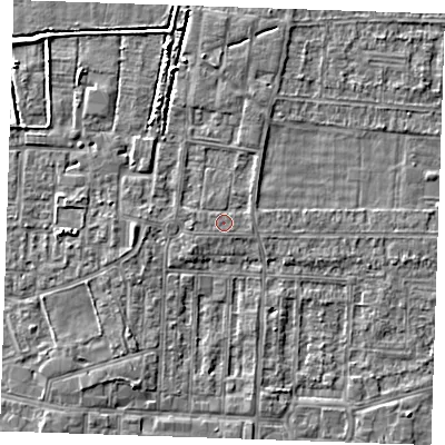 Shaded relief map of the ground around RM187SA, computed from Environment Agency LiDAR. The ground here sits at about 1 m above sea level and falls 3 m across the surrounding 800 m. Surface water reaching this point runs off ground lying to the north-east, 0.8 m higher.