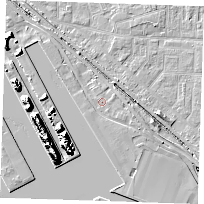 Shaded relief map of the ground around RM187SG, computed from Environment Agency LiDAR. The ground here sits at about 4 m above sea level and falls 25 m across the surrounding 800 m. Surface water reaching this point runs off ground lying to the south-east, 1.1 m higher.
