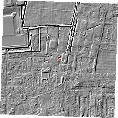 Shaded relief map of the ground around RM187SP, computed from Environment Agency LiDAR. The ground here sits at about 1 m above sea level and falls 3 m across the surrounding 800 m. Surface water reaching this point runs off ground lying to the north-north-east, 2.4 m higher.