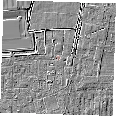 Shaded relief map of the ground around RM187SR, computed from Environment Agency LiDAR. The ground here sits at about 1 m above sea level and falls 3 m across the surrounding 800 m. Surface water reaching this point runs off ground lying to the north-east, 2.4 m higher.