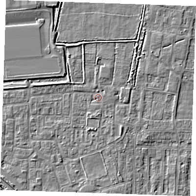 Shaded relief map of the ground around RM187SS, computed from Environment Agency LiDAR. The ground here sits at about 1 m above sea level and falls 3 m across the surrounding 800 m. Surface water reaching this point runs off ground lying to the north-east, 2.4 m higher.