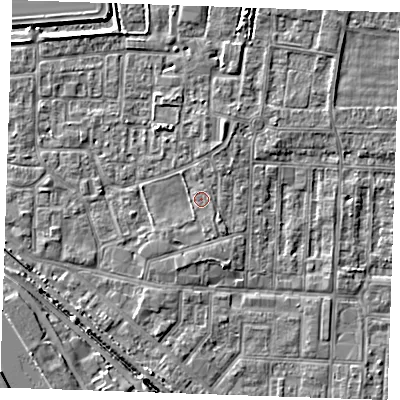 Shaded relief map of the ground around RM187TB, computed from Environment Agency LiDAR. The ground here sits at about 1 m above sea level and falls 6 m across the surrounding 800 m. Surface water reaching this point runs off ground lying to the south-south-west, 1.2 m higher.