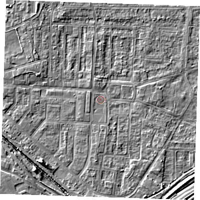 Shaded relief map of the ground around RM188AA, computed from Environment Agency LiDAR. The ground here sits at about 1 m above sea level and falls 5 m across the surrounding 800 m. Surface water reaching this point runs off ground lying to the south-south-east, 1.8 m higher.