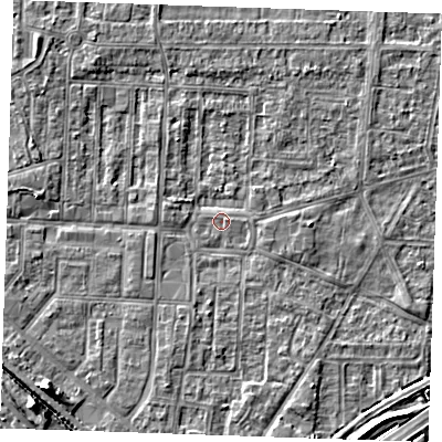 Shaded relief map of the ground around RM188AD, computed from Environment Agency LiDAR. The ground here sits at about 1 m above sea level and falls 6 m across the surrounding 800 m. Surface water reaching this point runs off ground lying to the south, 1.8 m higher.
