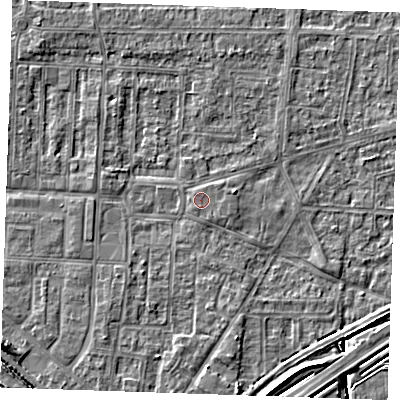 Shaded relief map of the ground around RM188AF, computed from Environment Agency LiDAR. The ground here sits at about 1 m above sea level and falls 5 m across the surrounding 800 m. The ground contributing surface water to this point lies to the east-south-east.
