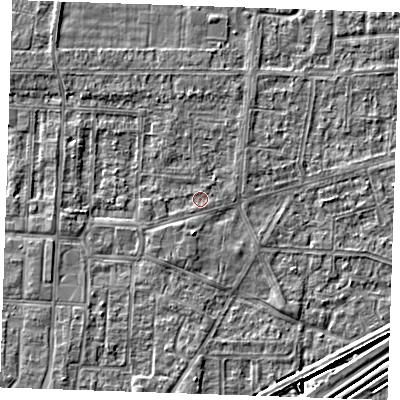Shaded relief map of the ground around RM188AH, computed from Environment Agency LiDAR. The ground here sits at about 1 m above sea level and falls 4 m across the surrounding 800 m. Surface water reaching this point runs off ground lying to the south-west, 1.0 m higher.
