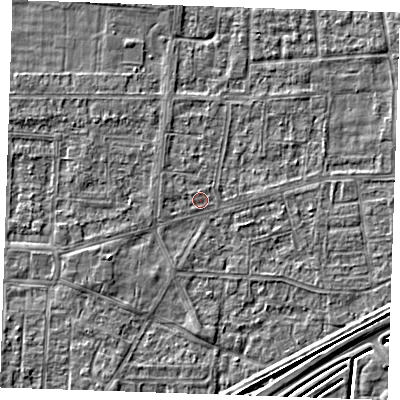 Shaded relief map of the ground around RM188AJ, computed from Environment Agency LiDAR. The ground here sits at about 1 m above sea level and falls 3 m across the surrounding 800 m. Surface water reaching this point runs off ground lying to the north, 0.6 m higher.