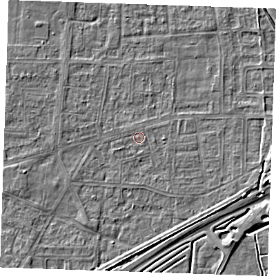 Shaded relief map of the ground around RM188AL, computed from Environment Agency LiDAR. The ground here sits at about 1 m above sea level and falls 5 m across the surrounding 800 m. Surface water reaching this point runs off ground lying to the west-south-west, 0.8 m higher.