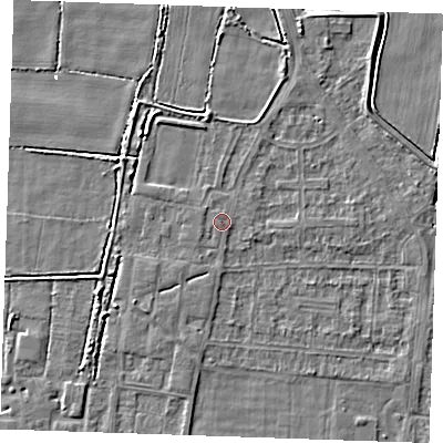Shaded relief map of the ground around RM188AN, computed from Environment Agency LiDAR. The ground here sits at about 1 m above sea level and falls 3 m across the surrounding 800 m. Surface water reaching this point runs off ground lying to the south-west, 1.3 m higher.