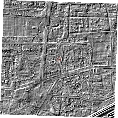 Shaded relief map of the ground around RM188AP, computed from Environment Agency LiDAR. The ground here sits at about 1 m above sea level and falls 4 m across the surrounding 800 m. Surface water reaching this point runs off ground lying to the west, 1.3 m higher.