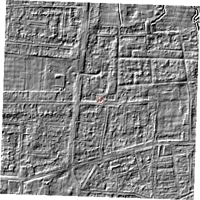 Shaded relief map of the ground around RM188AR, computed from Environment Agency LiDAR. The ground here sits at about 0 m above sea level and falls 2 m across the surrounding 800 m. Surface water reaching this point runs off ground lying to the south-west, 1.8 m higher.