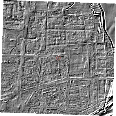 Shaded relief map of the ground around RM188AS, computed from Environment Agency LiDAR. The ground here sits at about 1 m above sea level and falls 9 m across the surrounding 800 m. Surface water reaching this point runs off ground lying to the west-south-west, 1.4 m higher.