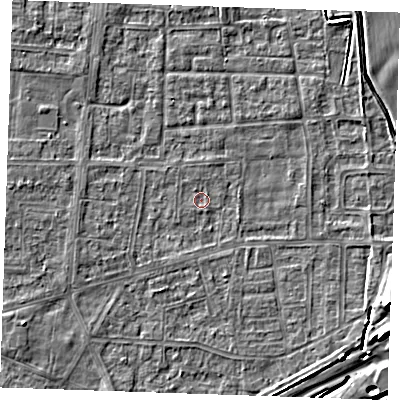 Shaded relief map of the ground around RM188AT, computed from Environment Agency LiDAR. The ground here sits at about 0 m above sea level and falls 9 m across the surrounding 800 m. Surface water reaching this point runs off ground lying to the south-south-east, 1.4 m higher.