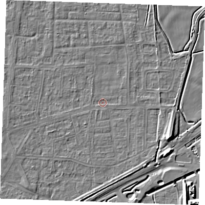 Shaded relief map of the ground around RM188AU, computed from Environment Agency LiDAR. The ground here sits at about 0 m above sea level and falls 9 m across the surrounding 800 m. Surface water reaching this point runs off ground lying to the east-south-east, 9.1 m higher.