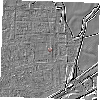 Shaded relief map of the ground around RM188AX, computed from Environment Agency LiDAR. The ground here sits at about 1 m above sea level and falls 12 m across the surrounding 800 m. Surface water reaching this point runs off ground lying to the east-south-east, 0.6 m higher.
