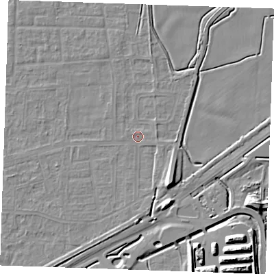 Shaded relief map of the ground around RM188BA, computed from Environment Agency LiDAR. The ground here sits at about 1 m above sea level and falls 12 m across the surrounding 800 m. Surface water reaching this point runs off ground lying to the east-south-east, 0.8 m higher.