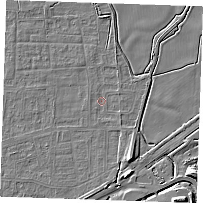 Shaded relief map of the ground around RM188BB, computed from Environment Agency LiDAR. The ground here sits at about 0 m above sea level and falls 12 m across the surrounding 800 m. Surface water reaching this point runs off ground lying to the south-south-east, 6.6 m higher.