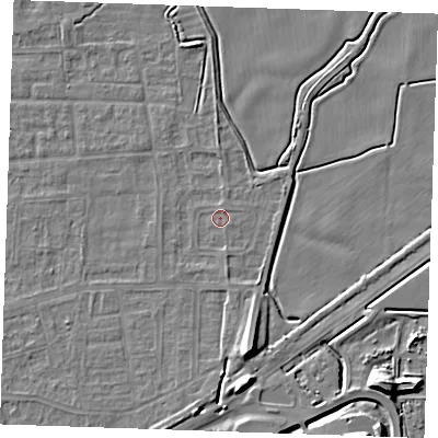 Shaded relief map of the ground around RM188BD, computed from Environment Agency LiDAR. The ground here sits at about 1 m above sea level and falls 10 m across the surrounding 800 m. Surface water reaching this point runs off ground lying to the south-south-east, 6.4 m higher.